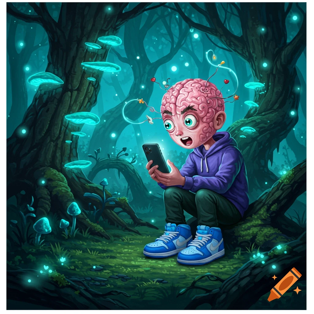 A cartoon boy with a brain for a head, wearing blue Nike shoes, sits on a tree root in a magical glowing forest, engrossed in his phone.