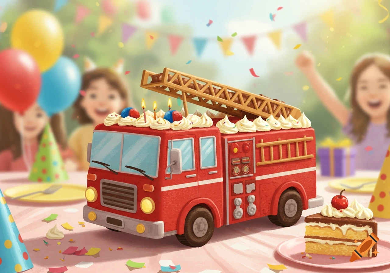 A red fire truck shaped birthday cake with lit candles and frosting sits on a table at a blurred children's party, with confetti falling and balloons visible.