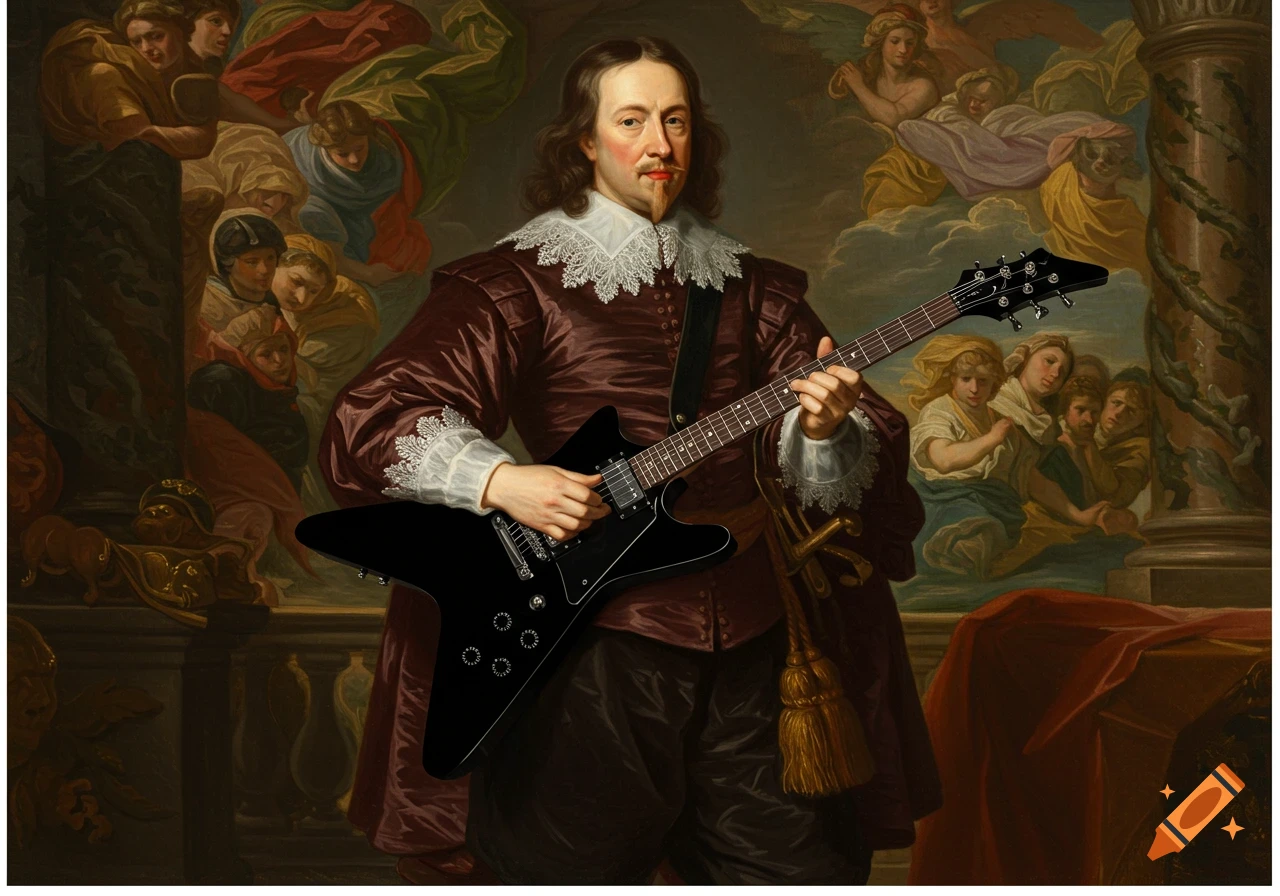 A man in 17th-century Baroque clothing plays a black electric guitar, set against a classical painting background of cherubs.