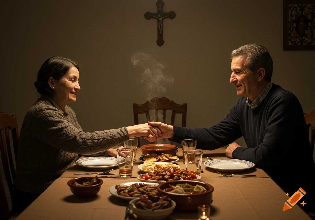 Photorealistic image of an older couple shaking hands across a dining table with many dishes. A crucifix hangs on the wall.
