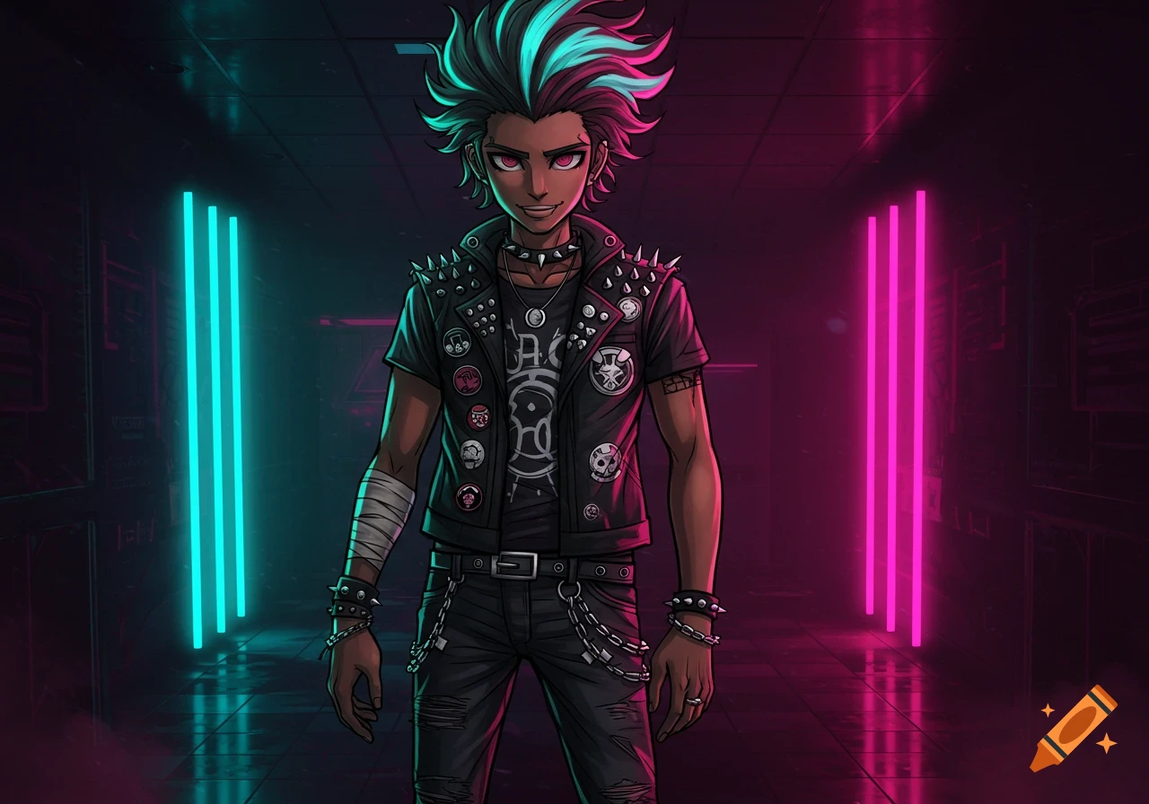 An anime punk boy with spiky black and turquoise hair, wearing a studded leather vest and ripped jeans, stands in a dark room with glowing neon pink and blue lights.