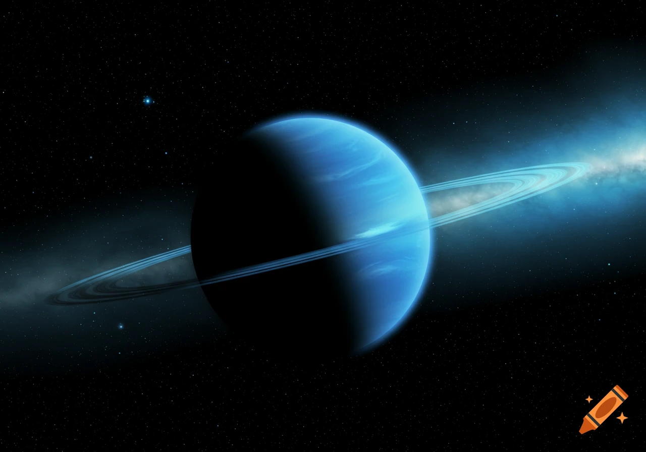 A vibrant blue ringed planet against a dark, starry cosmic background with a distant nebulous glow.