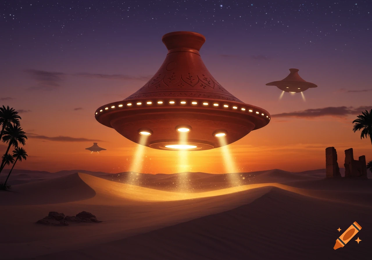 Tajine-shaped UFOs hover over a desert at sunset, casting light beams onto sand dunes, with palm trees and ruins.