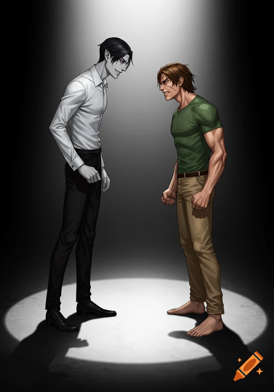 A digital illustration of a pale, smirking vampire in a white shirt confronting an angry, muscular man in a green t-shirt under a spotlight.
