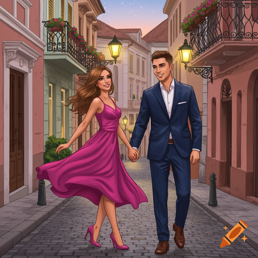 An illustrated young couple holding hands, walking down a cobblestone street lined with European-style buildings at dusk.