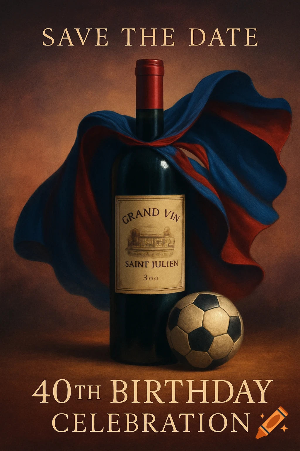 A save-the-date card featuring a wine bottle with a red and blue cape, and a soccer ball. Text reads "SAVE THE DATE 40TH BIRTHDAY CELEBRATION".