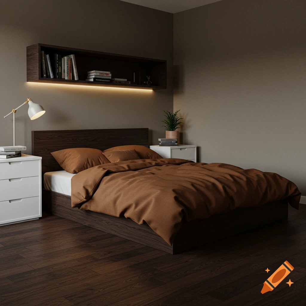 A modern bedroom with a dark brown bed, matching headboard, and wood flooring. White nightstands flank the bed, with a floating shelf above.