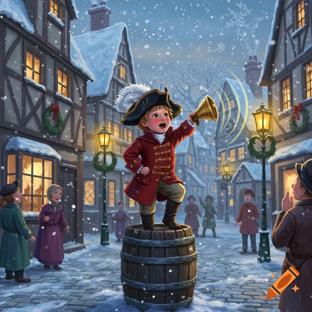 An illustration of a child town crier in a red coat on a barrel, shouting into a horn in a snowy, old-fashioned street.