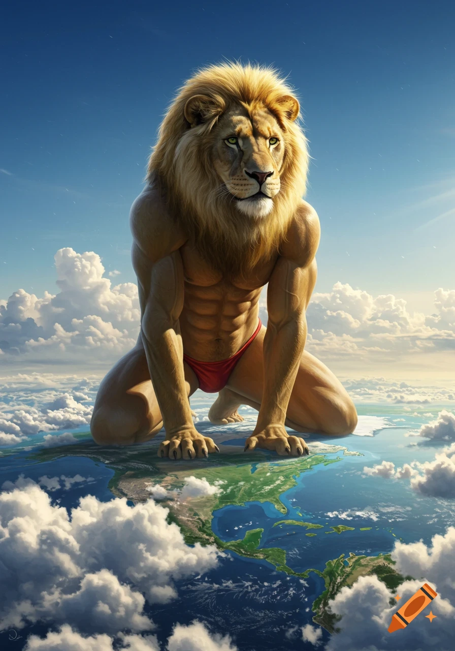 A gigantic photorealistic anthropomorphic lion in a speedo kneels on North America, towering into the sky amidst clouds.