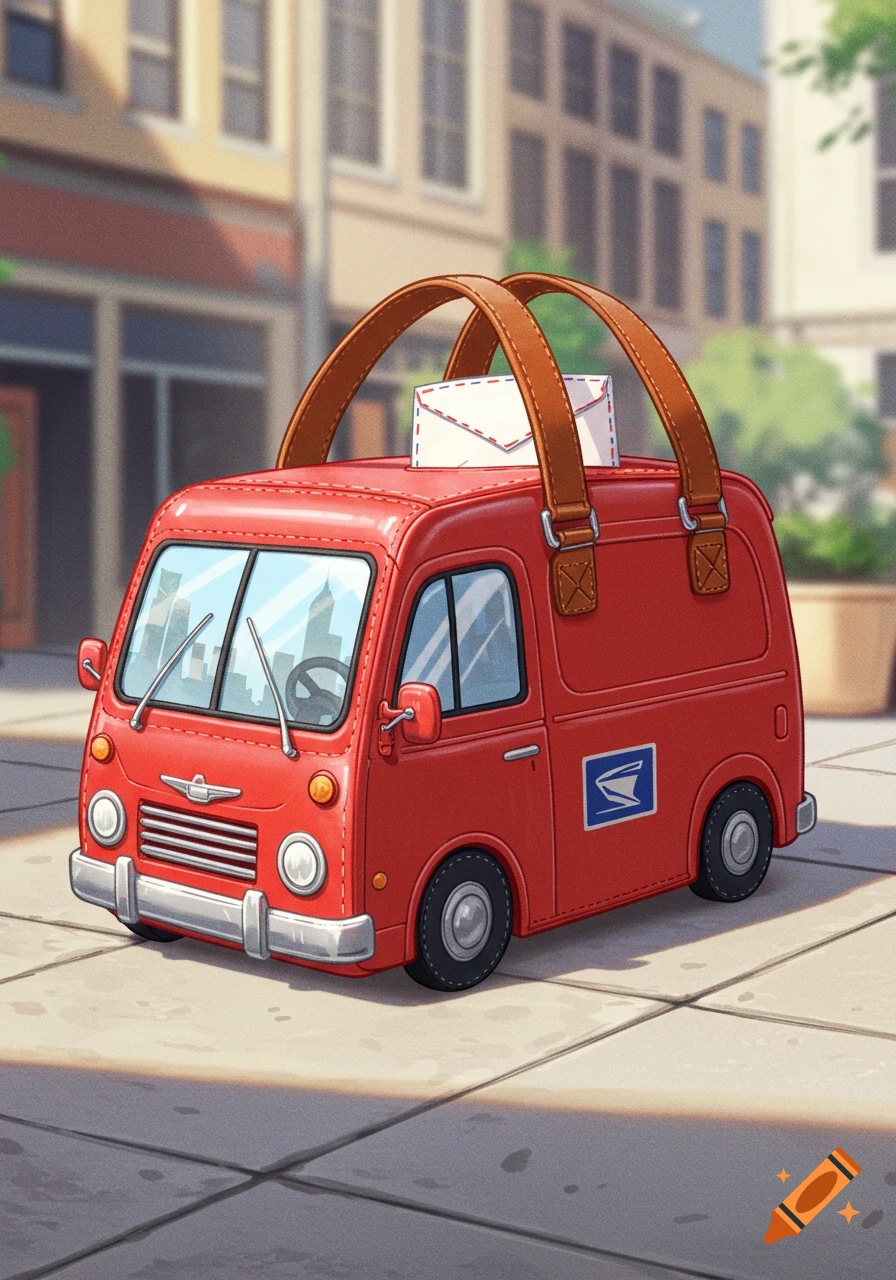 A red cartoon mail van shaped like a tote bag with an envelope sticking out, parked on a city sidewalk.