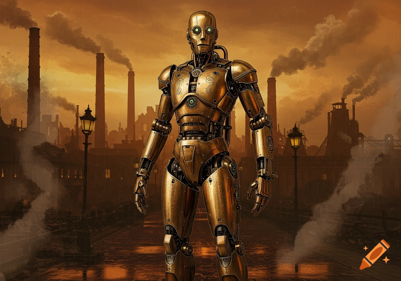 A golden steampunk robot stands in a rainy, smoky industrial city with towering chimneys and factories at sunset.