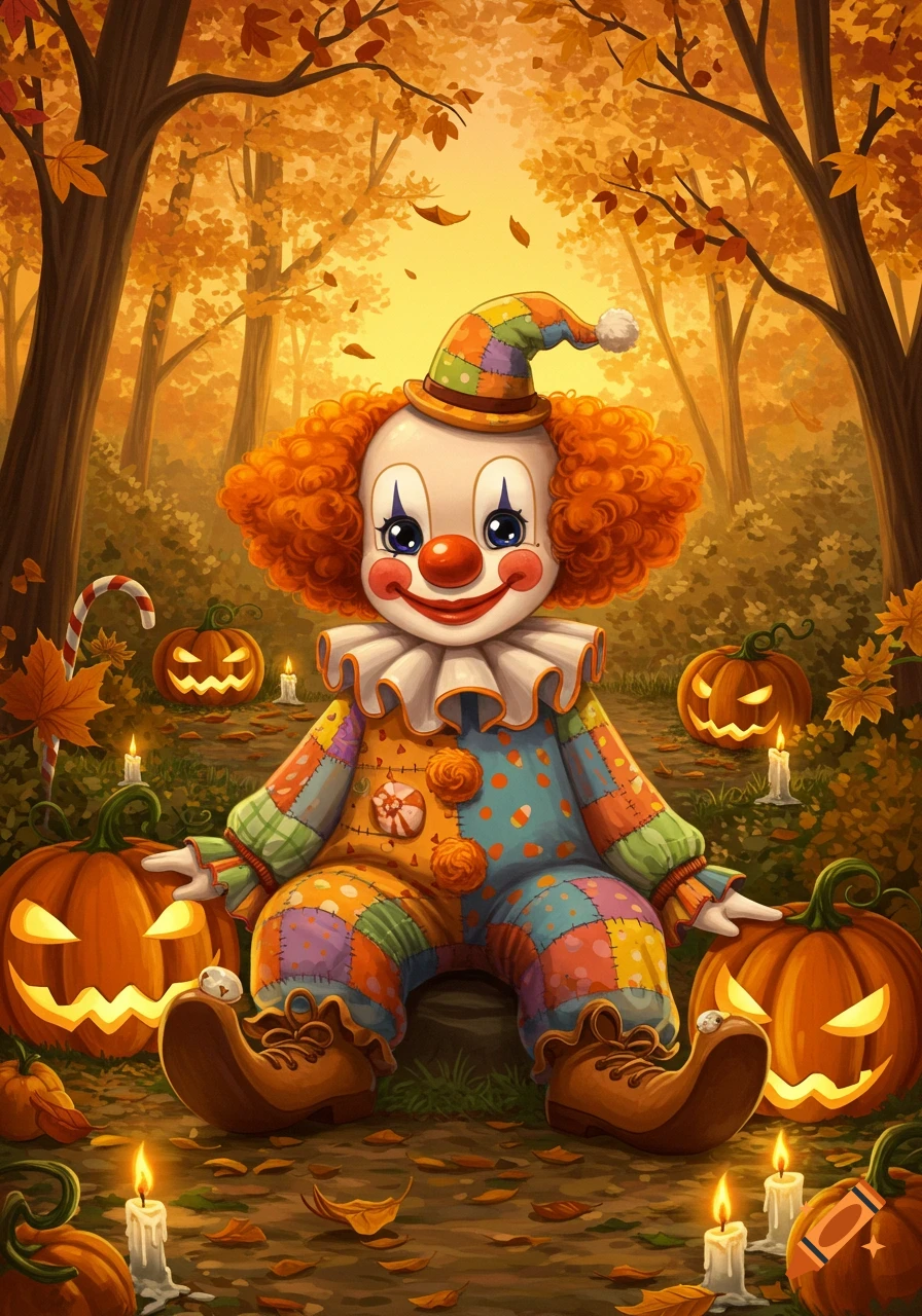 A cute, colorful cartoon clown with orange hair sits among glowing jack-o'-lanterns and candles in an autumn forest.