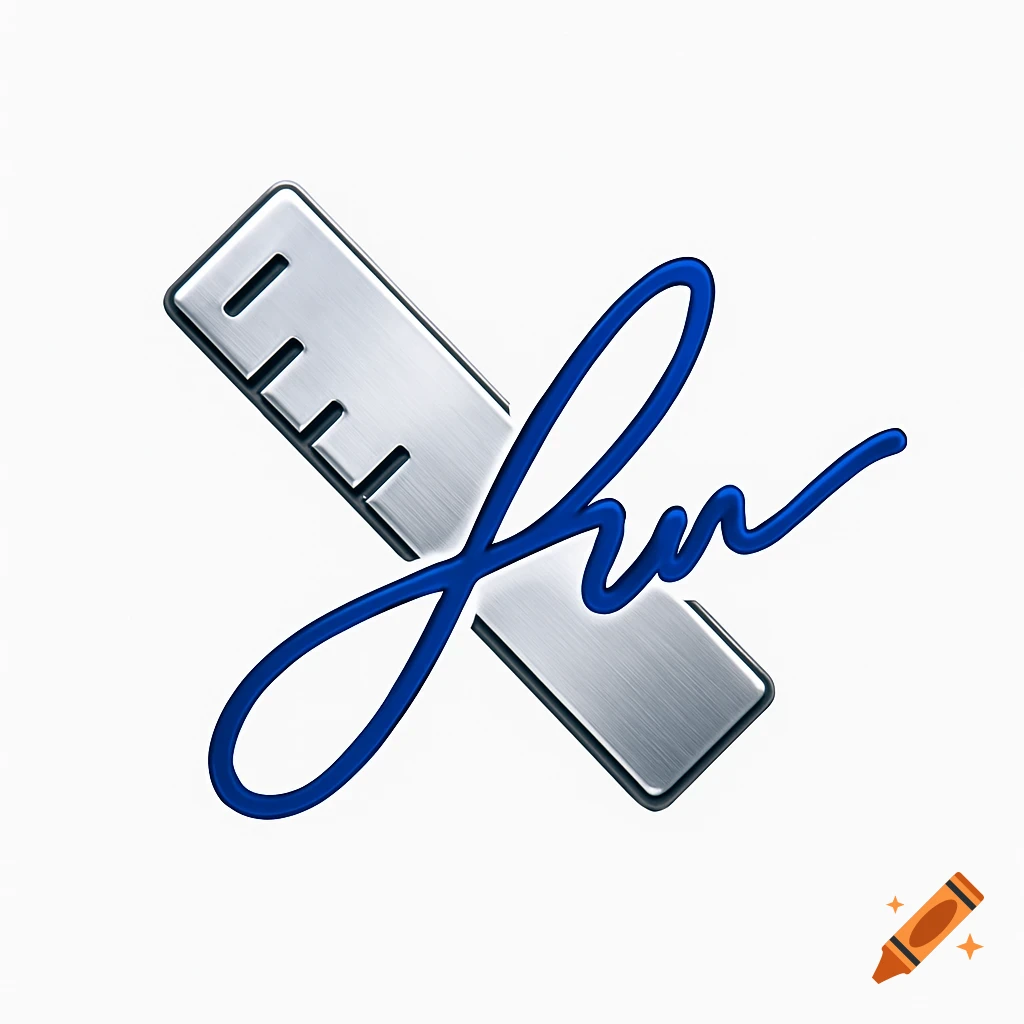 A logo featuring a silver ruler crossed by a blue stylized cursive signature on a white background.