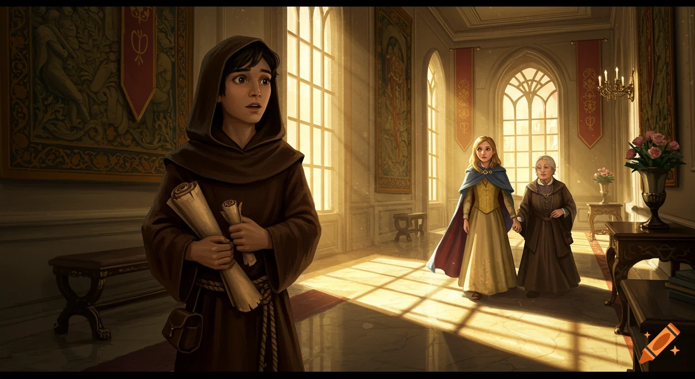 A young man in a hooded robe looks surprised at a young woman and elderly woman walking in a sunlit palace hallway, fantasy art.