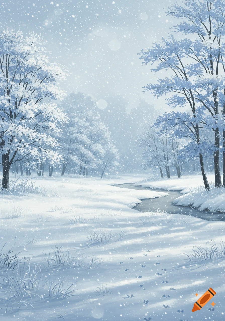 Illustrative winter landscape with a winding stream through a snow-covered meadow and trees, under falling snow.
