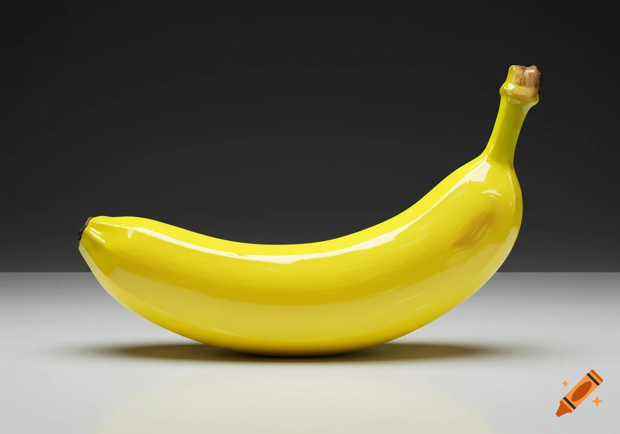 A single bright yellow banana with a glossy, plastic-like texture rests on a light gray surface against a dark gray background.