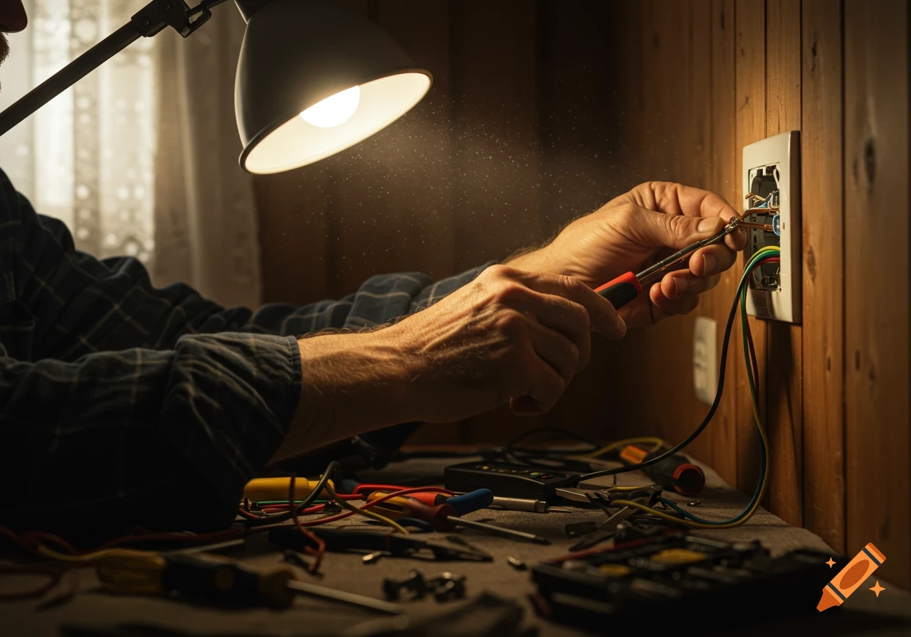 Close-up of a person's hands illuminated by a desk lamp, repairing wiring in a wall outlet surrounded by tools.
