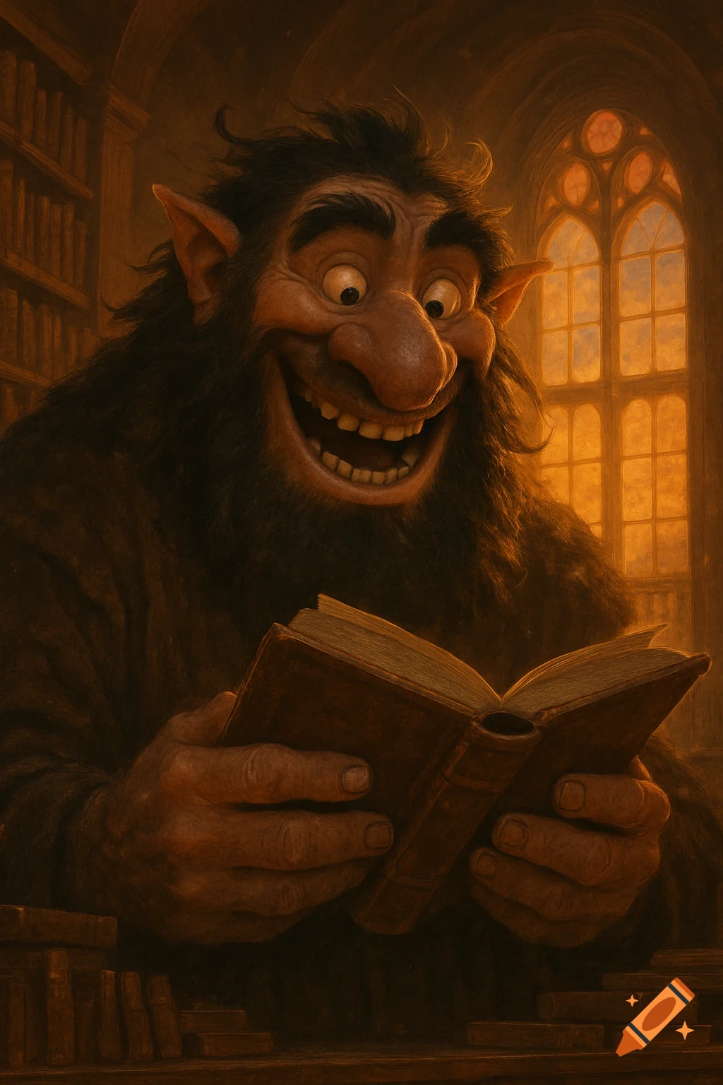 A grinning, hairy, troll-like creature reads an open book in a dimly lit library with an arched window, illustration.