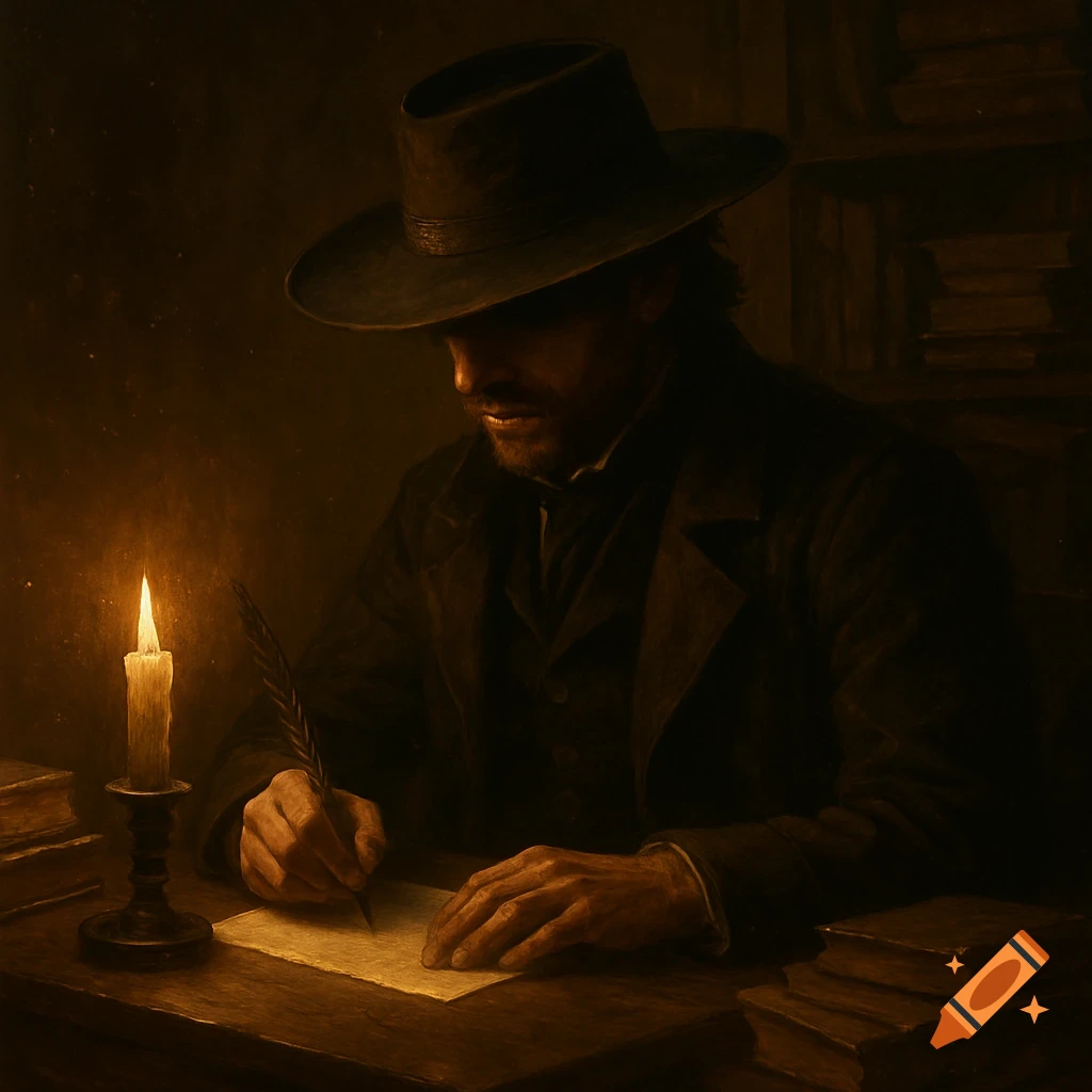 A man in a hat writes with a quill pen by candlelight in a dark, atmospheric room, with books nearby.