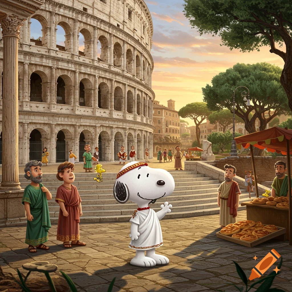 Cartoon Snoopy in a toga waves in front of the Colosseum in ancient Rome, with Woodstock and other Roman-dressed people.