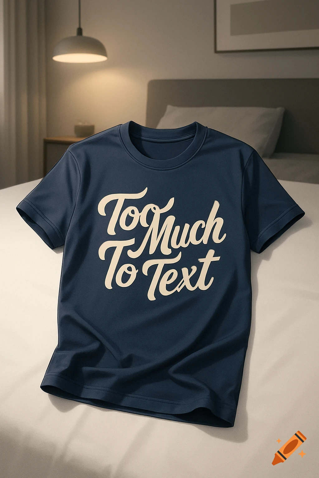 A dark blue t-shirt with 'To Much To Text' in cream script, lying on a white bed in a dimly lit room.