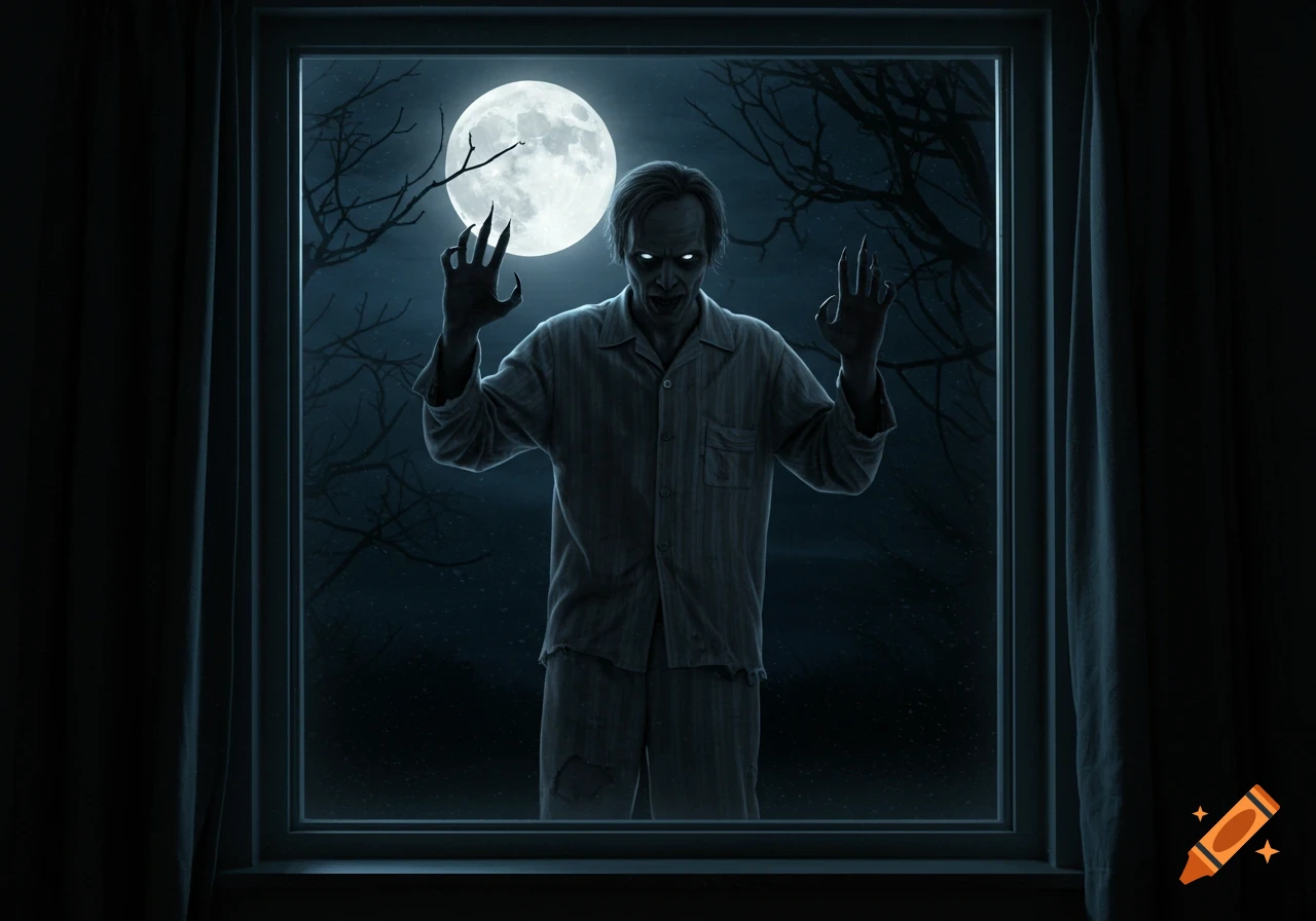 A creepy, pale man with glowing eyes and long claws in pajamas stands outside a dark bedroom window under a full moon.