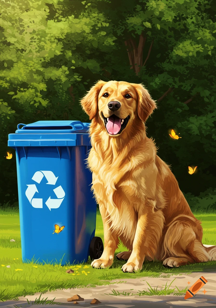 A happy golden retriever sits beside a blue recycling bin with a white recycling symbol in a green, sunny park with butterflies.