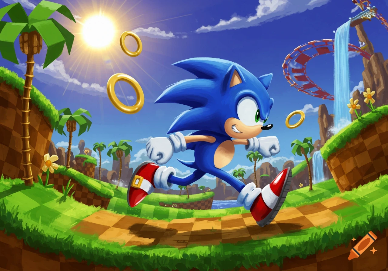 Sonic the Hedgehog runs through a vibrant Green Hill Zone-like landscape, collecting golden rings under a sunny sky.