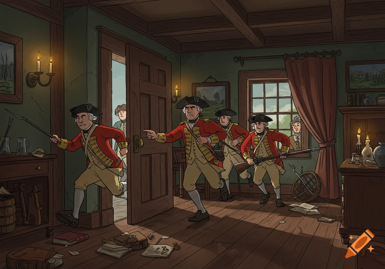 Cartoon illustration of British Red Coat soldiers with muskets running into a colonial-era home, as two colonists watch from doorways.