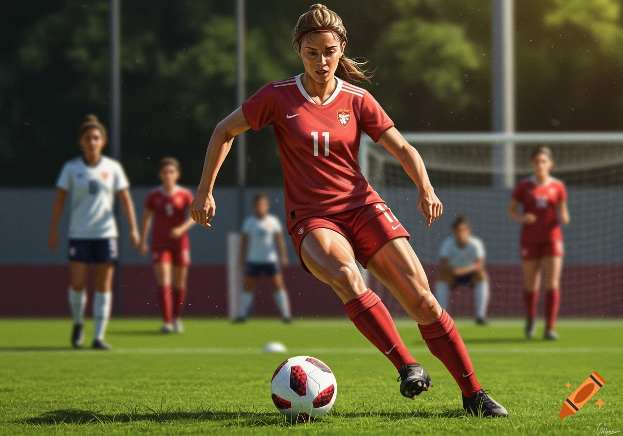 A female soccer player in a red uniform dribbles a ball on a green field, with blurred teammates in the background, in a photorealistic style.