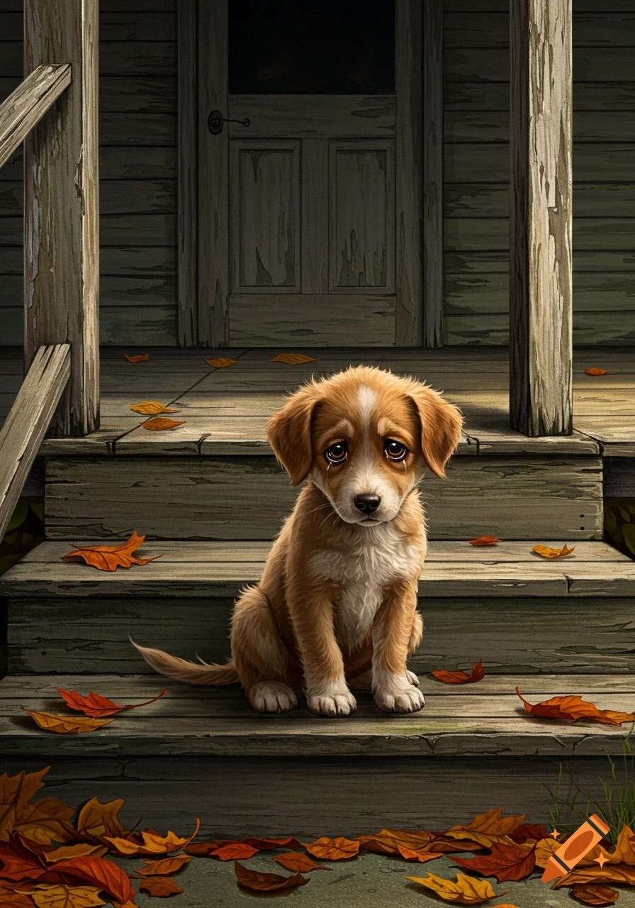 A sad brown and white puppy with teary eyes sits on wooden steps covered in autumn leaves in front of a house.