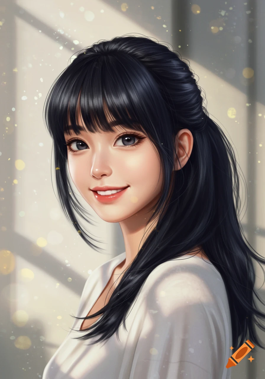 An anime-style portrait of a smiling woman with dark hair and bangs, looking forward, with soft bokeh lights in the background.