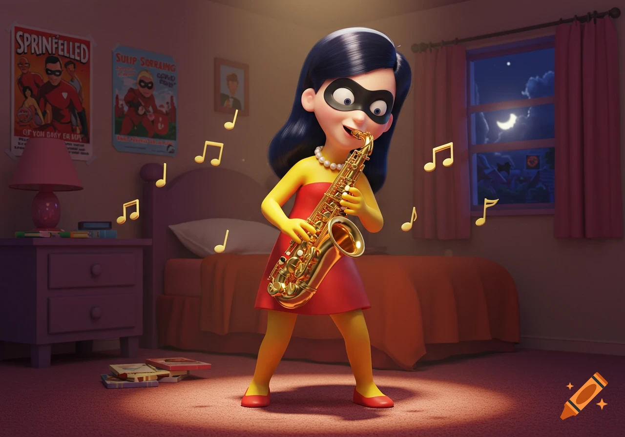 Violet from The Incredibles, dressed like Lisa Simpson, plays a saxophone in a dimly lit bedroom with music notes, 3D render.