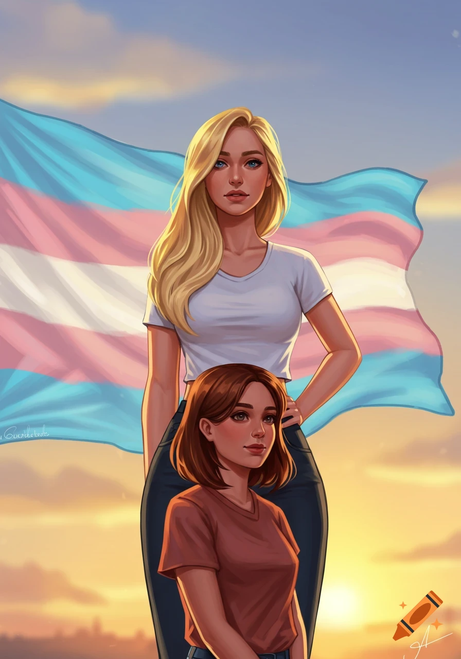 Illustration of a blonde woman and a brown-haired woman standing together in front of a transgender flag at sunset.