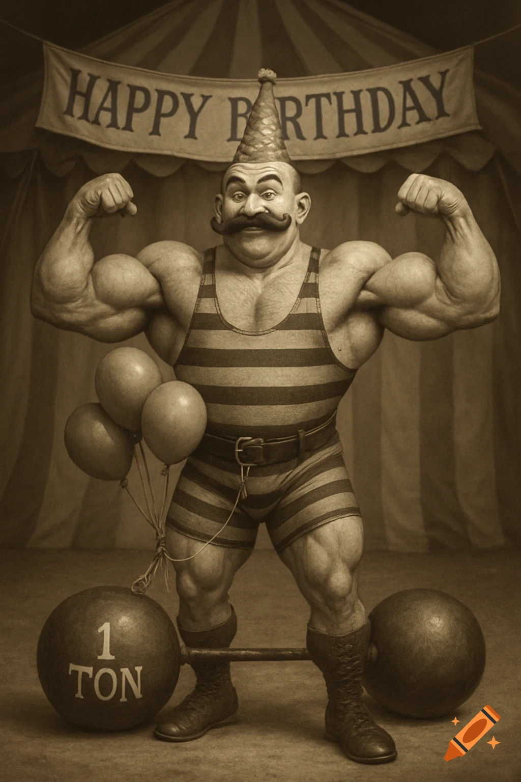 A muscular strongman in a striped singlet and party hat flexing in a sepia-toned circus tent with a 'Happy Birthday' banner and a 1-ton weight.
