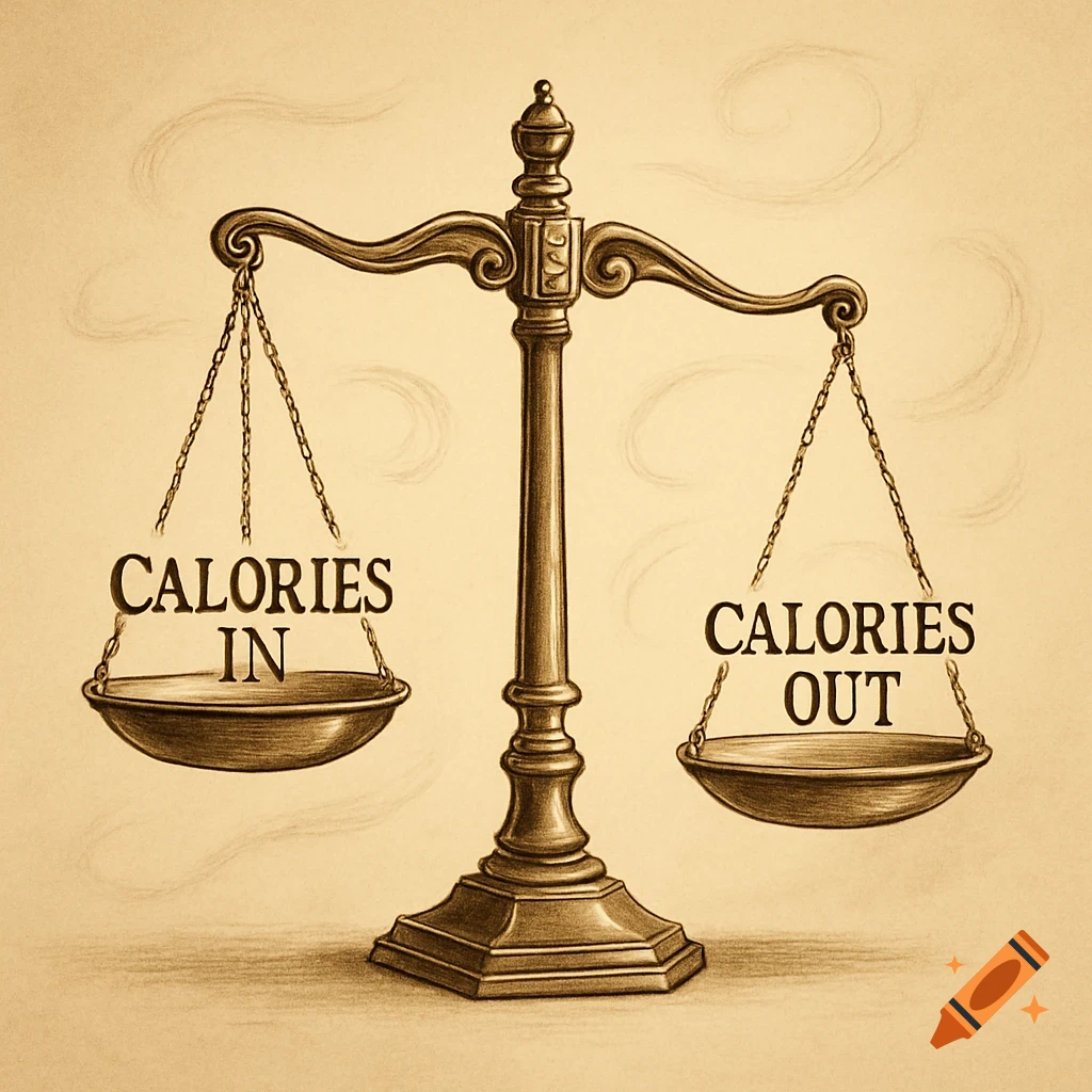 A sepia-toned sketch of a balance scale with 'CALORIES IN' on the lower left pan and 'CALORIES OUT' on the higher right pan.