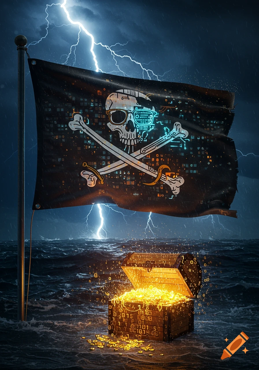 A cyberpunk pirate flag with a tech-enhanced skull and binary code waves in a stormy sea. A glowing treasure chest with gold and code floats below.