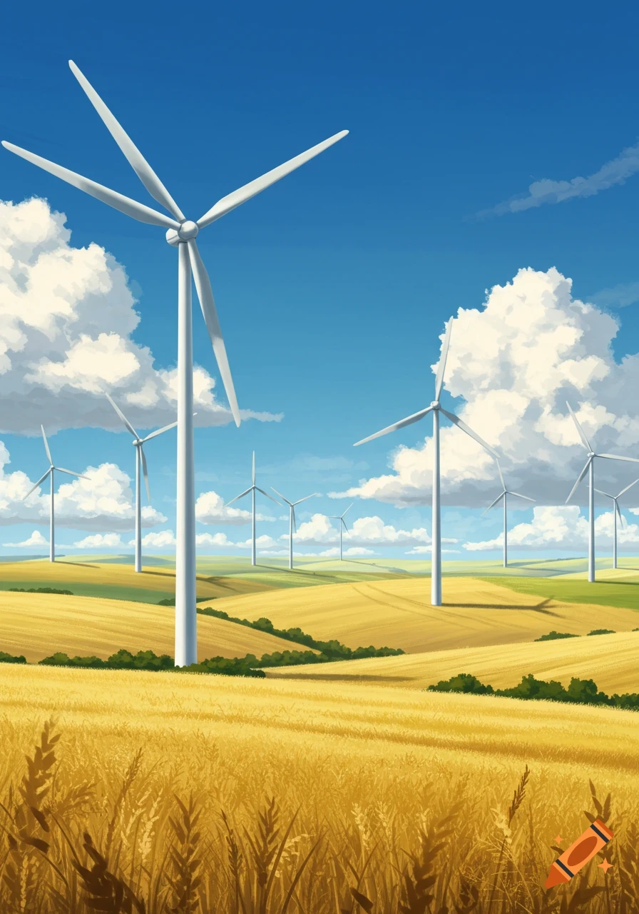 Many white wind turbines stand in golden fields under a bright blue sky with fluffy white clouds, rendered in an illustrative style.