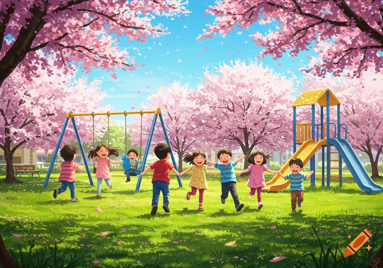 Happy children play on a sunny park playground surrounded by vibrant pink cherry blossom trees, in an illustrative style.