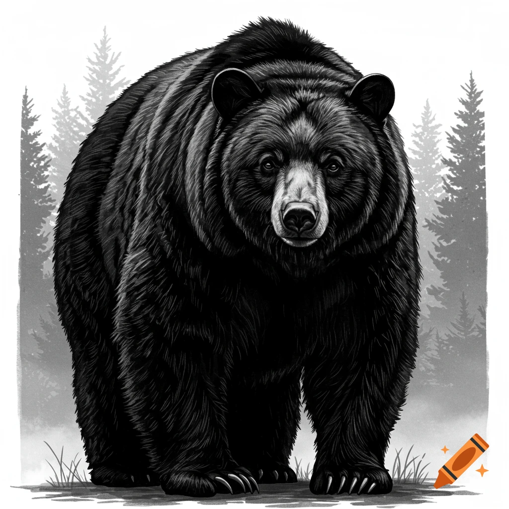 A detailed black and white illustration of a large black bear standing in a forest clearing, looking directly forward.