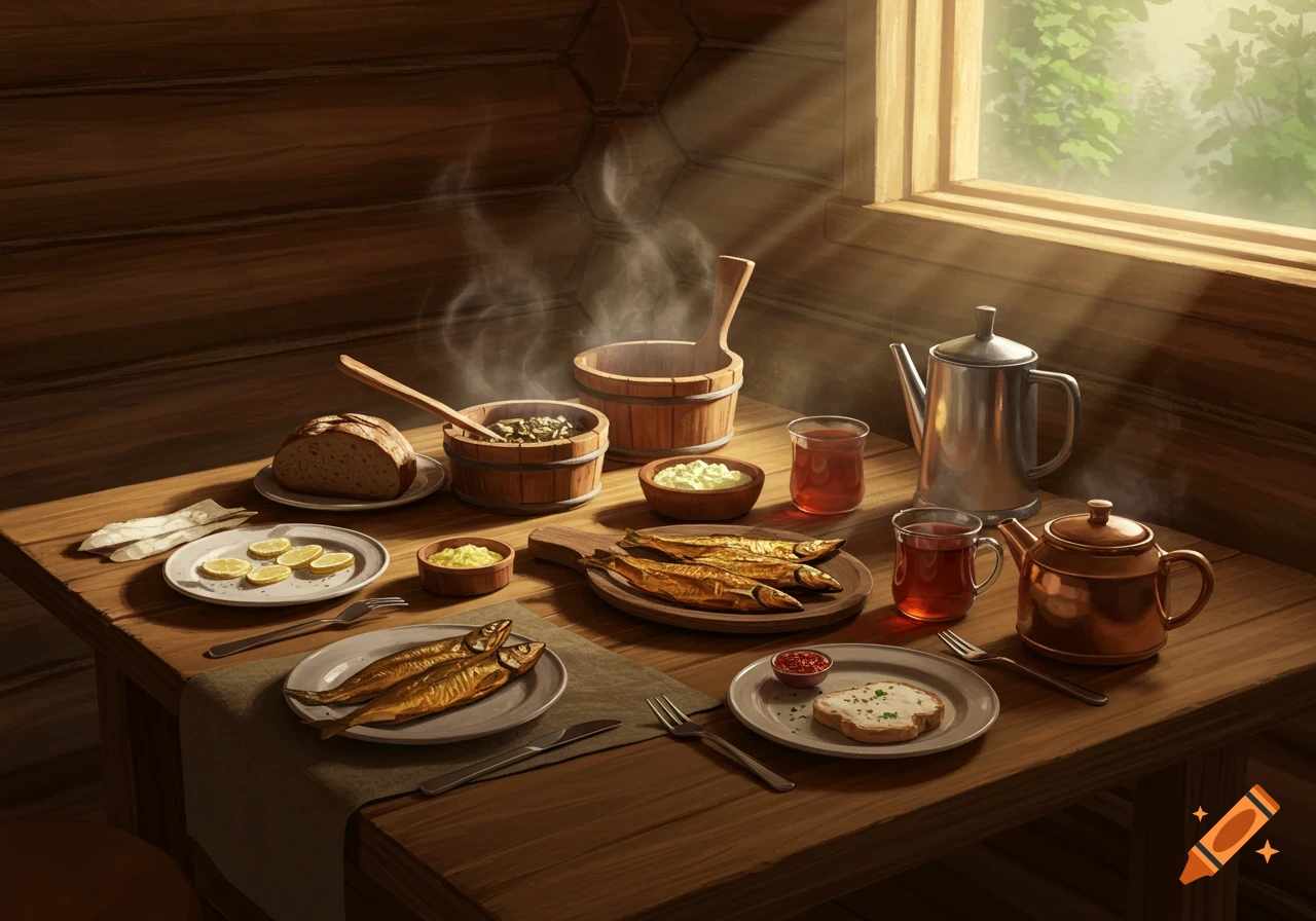 A rustic meal with smoked fish, bread, and steaming drinks on a wooden table in a sunlit cabin.