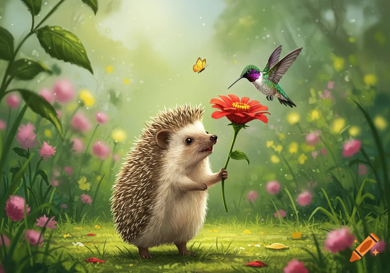Cute hedgehog holds a red flower as a hummingbird and a butterfly fly nearby in a lush green garden with pink and yellow flowers, illustration.
