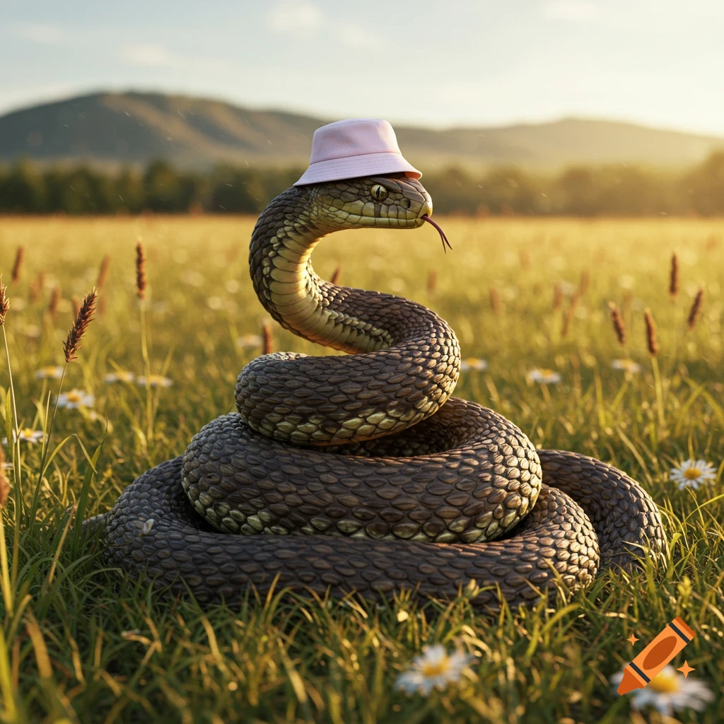 A photorealistic snake in a pink bucket hat coils in a sunny grassy field with wildflowers and distant mountains.