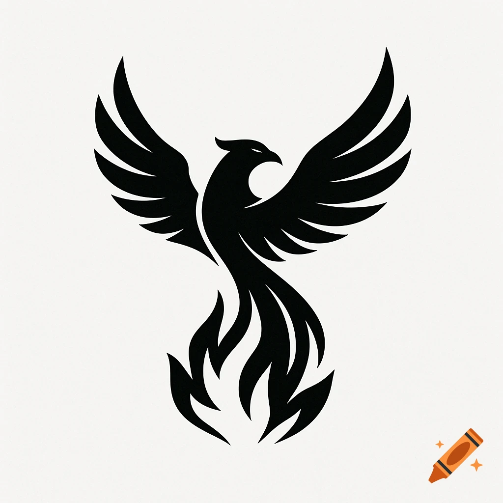 A minimalist black phoenix logo rising from stylized flames on a white background.
