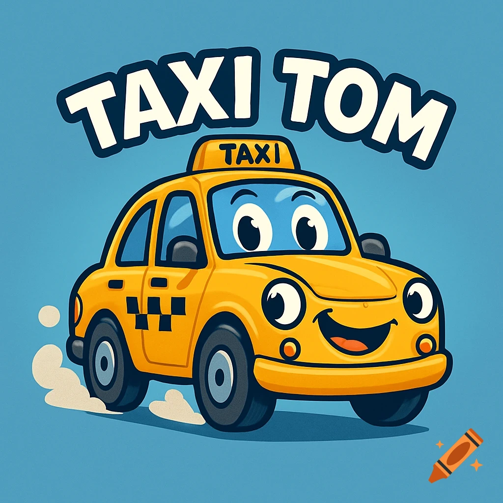 A bright yellow cartoon taxi with a smiling face and large eyes, speeding. "TAXI TOM" above it, "TAXI" on roof, blue background.