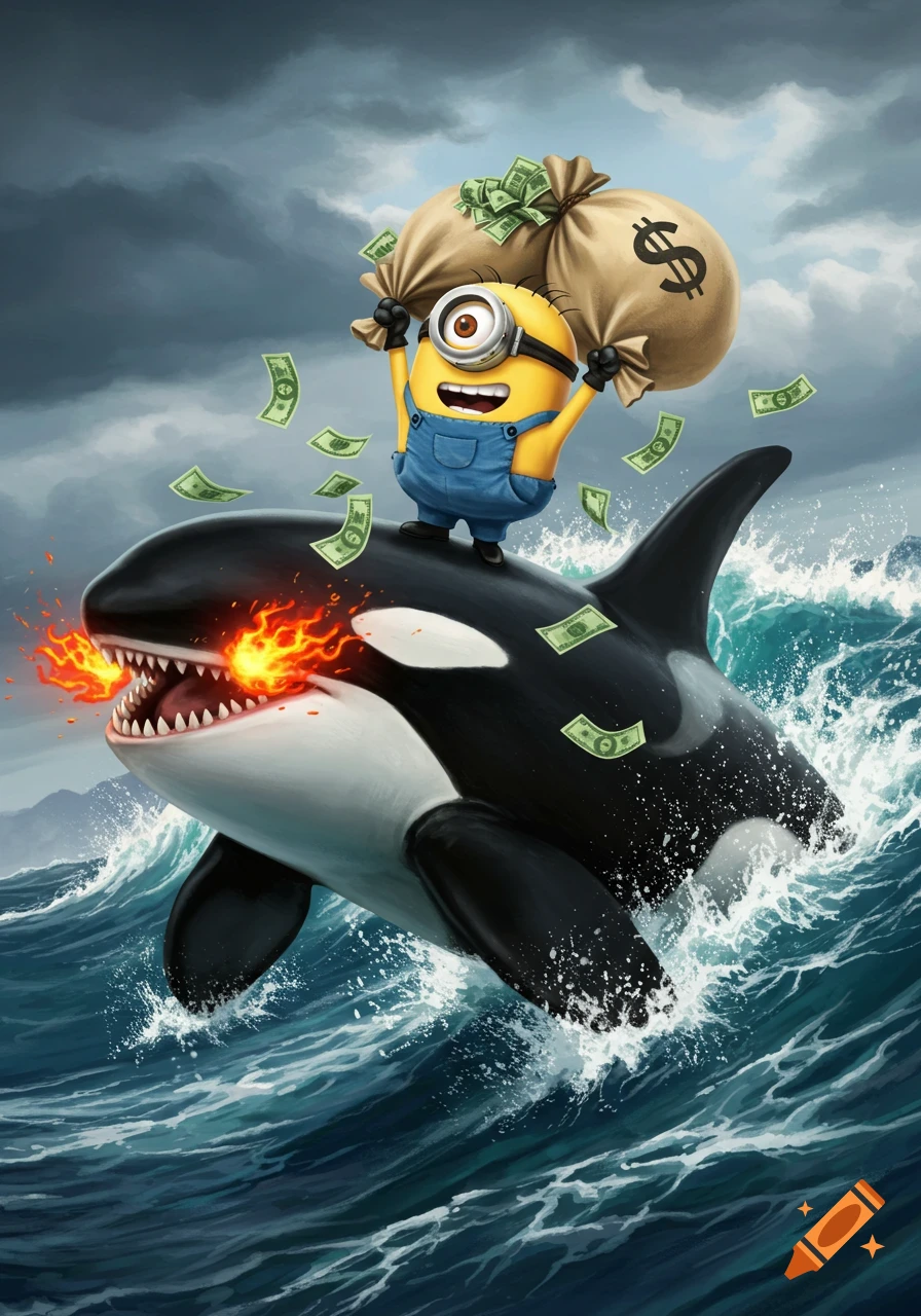 A cartoon Minion in overalls rides an angry orca with fiery eyes through stormy waves, holding two money bags with cash flying out.