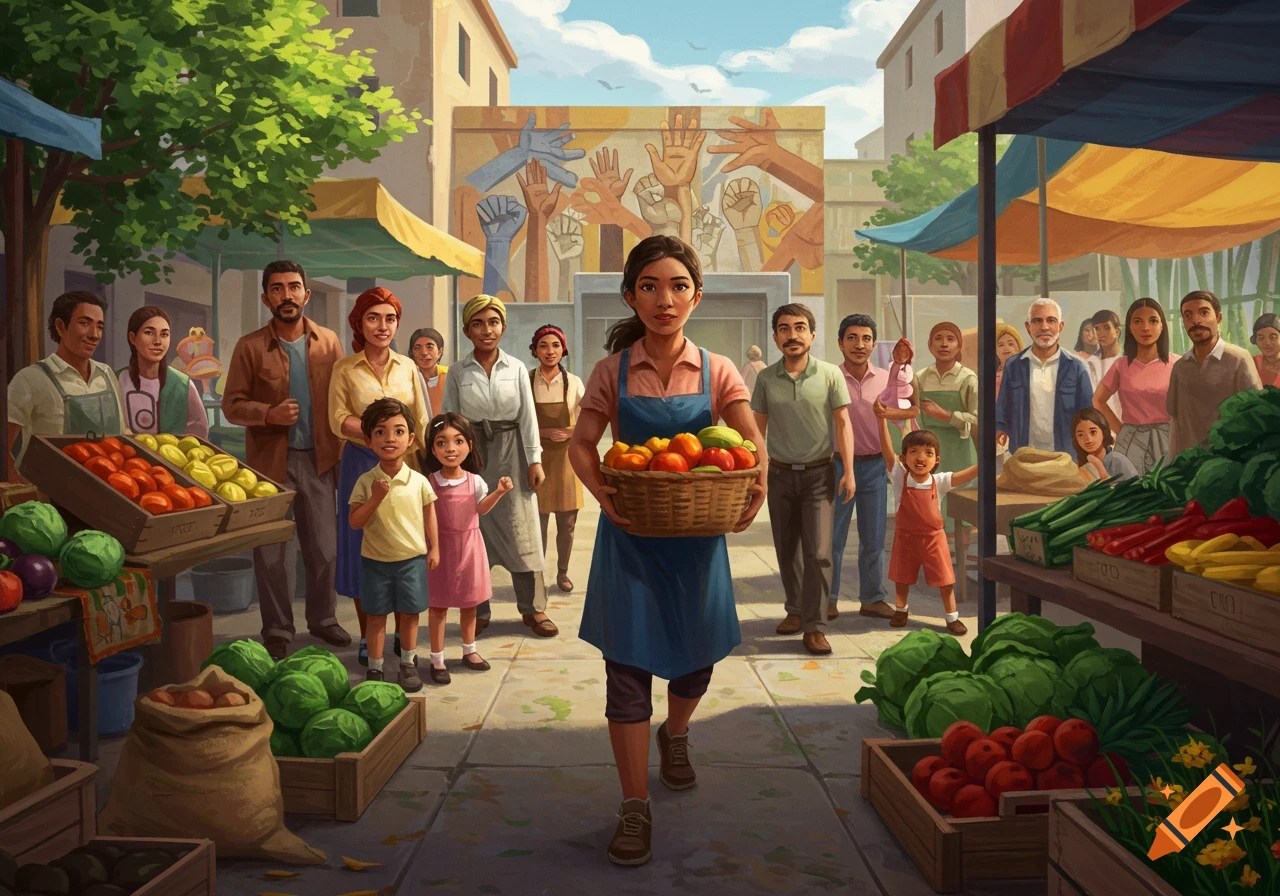 An illustrative painting of a bustling outdoor market with a diverse group of people, produce stalls, and a woman carrying a basket of fresh fruits and vegetables.
