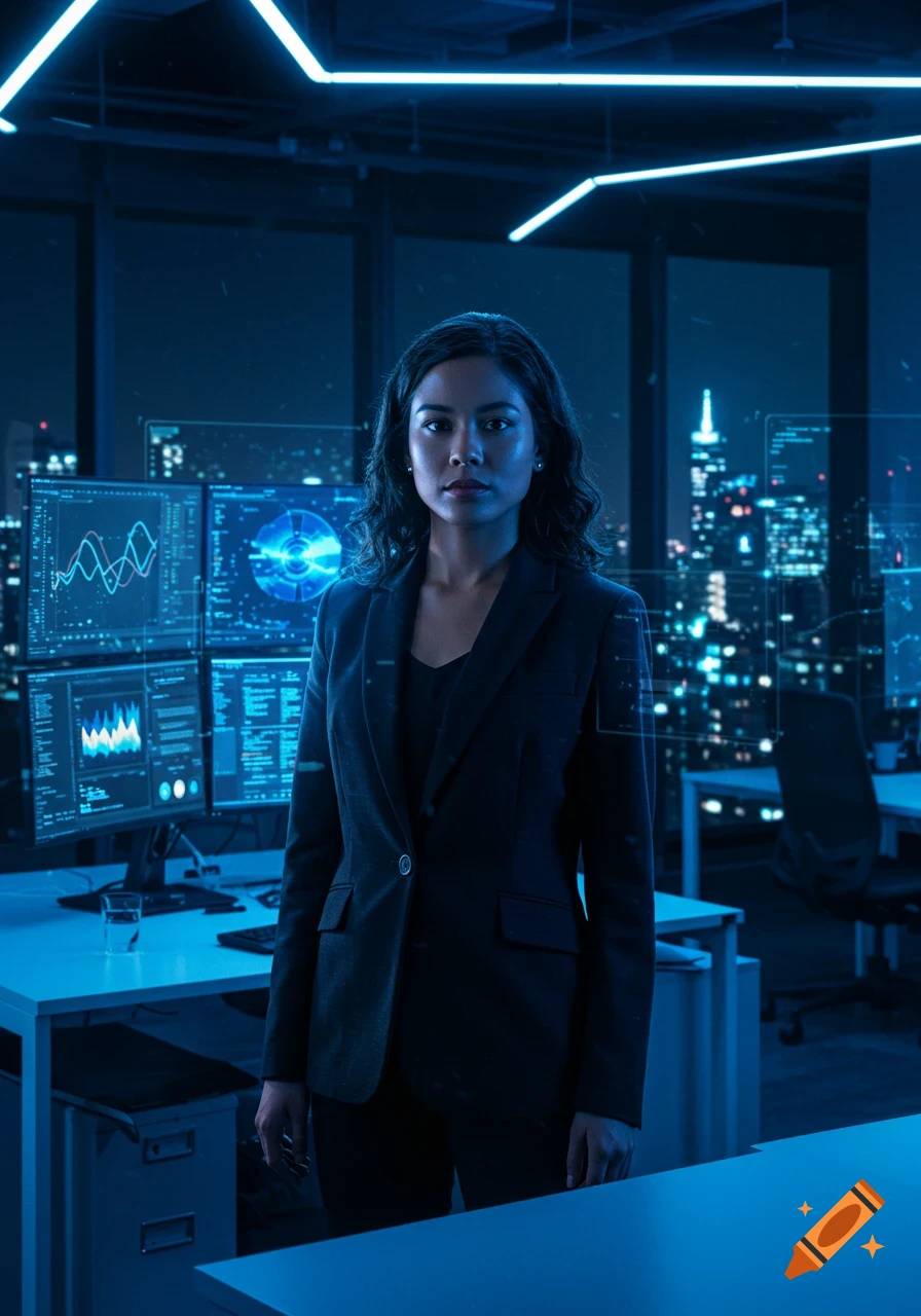 A serious woman in a business suit stands in a dark, high-tech office with glowing blue screens and a city skyline at night.