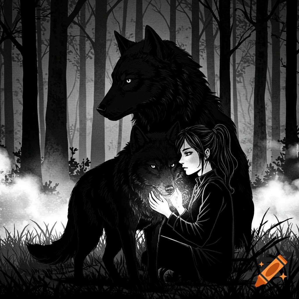 A black and white manga illustration of a woman with dark hair kneeling between two large black wolves in a dark forest, holding a glowing magical light.