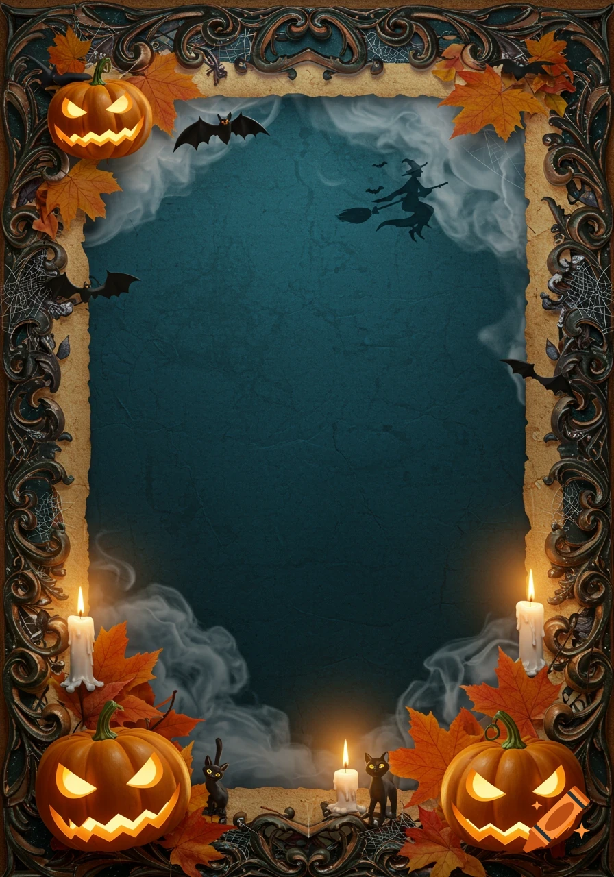 Ornate Halloween-themed frame with carved pumpkins, candles, bats, a witch, black cats, and autumn leaves against a dark blue background.